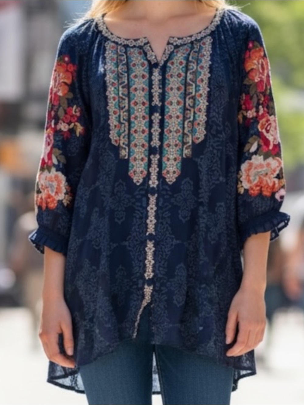 Sundance Ballet's Melody Blue Embroidered Boho Blouse Size XL Floral Cottagecore